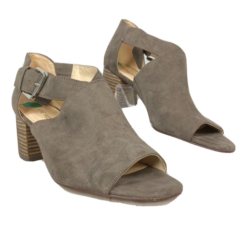 Nine West Sandals Womens Sz 8M Taupe Beige Vegan Suede Open‎ Toe Groovy Go Heels